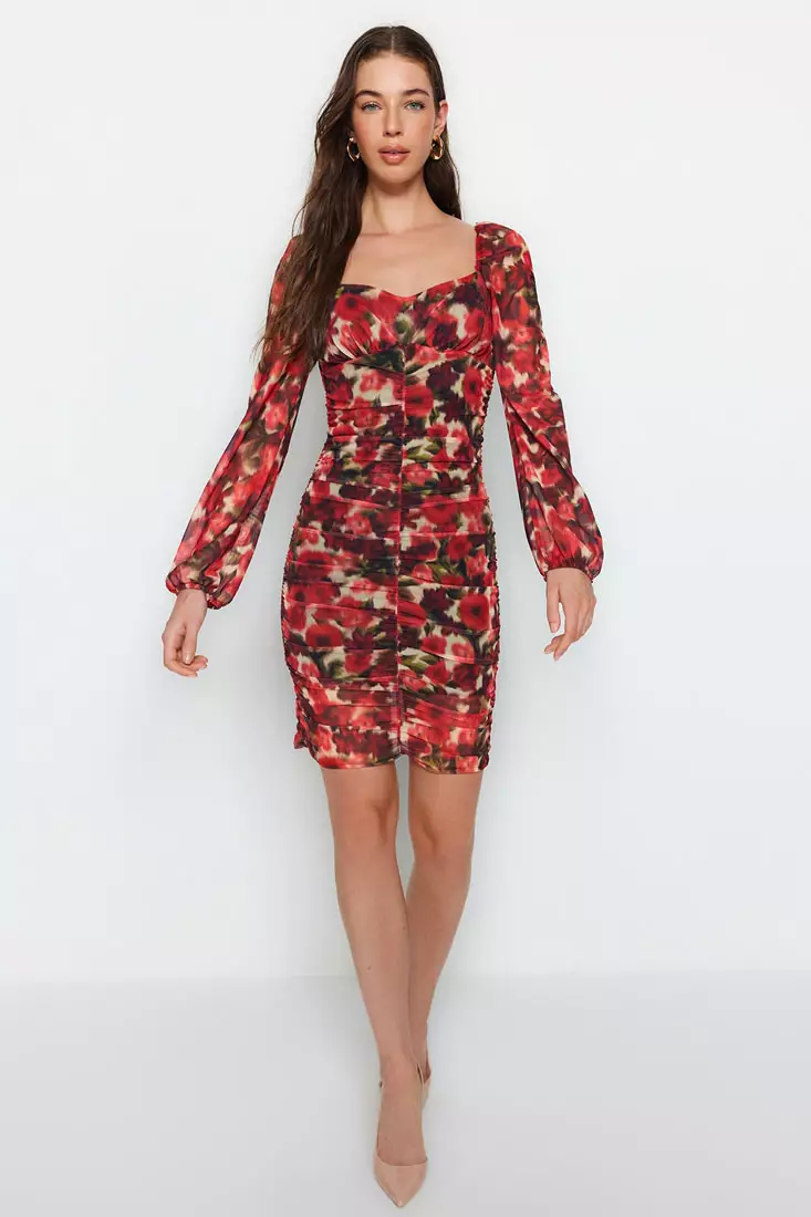 Red long online sleeve floral dress