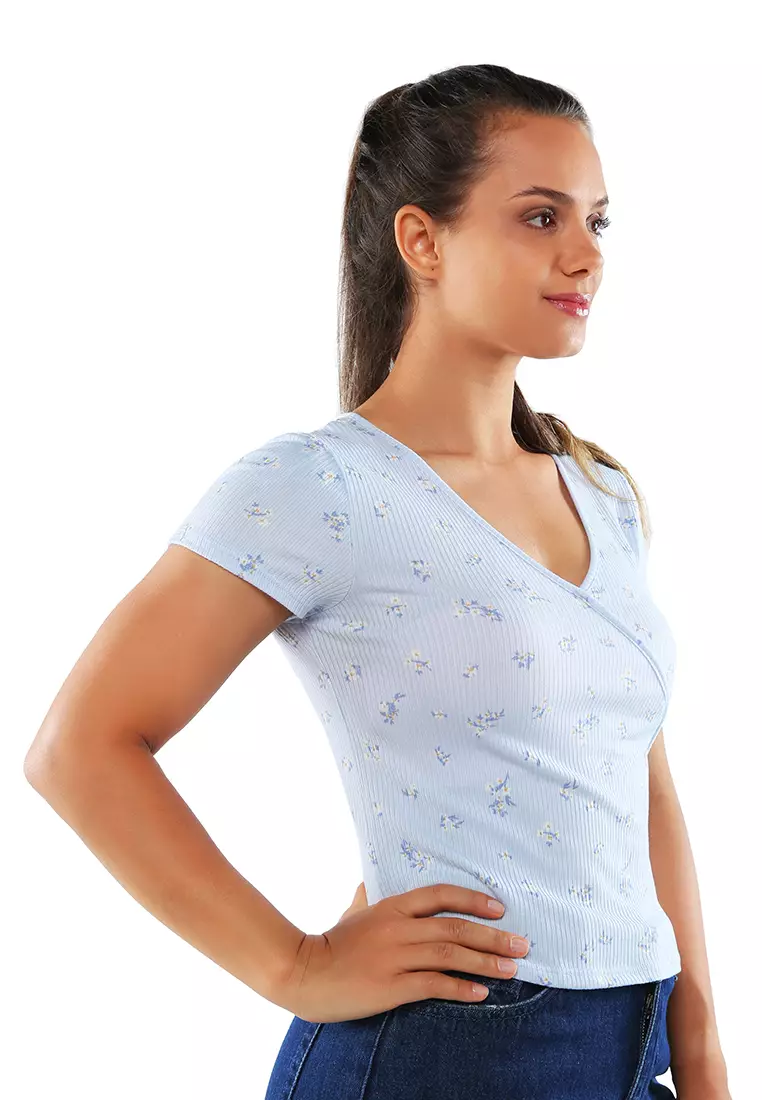 Surplice Neck Casual Summer Top in Blue