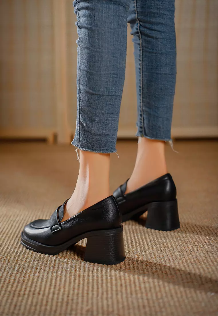 6.5CM Block Heel Leather Loafers TE812-1