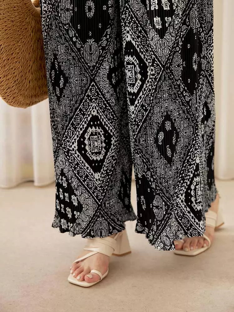 Printed pleated wide-leg pants with an elastic waistband [BA7530]