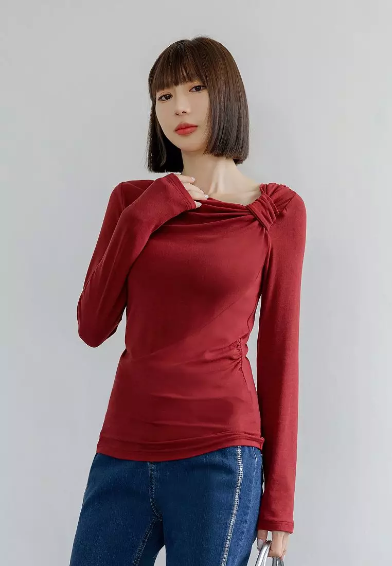Solid Fit Long-Sleeve Top with Gathered Waist and Ruched Neckline [AB19958]