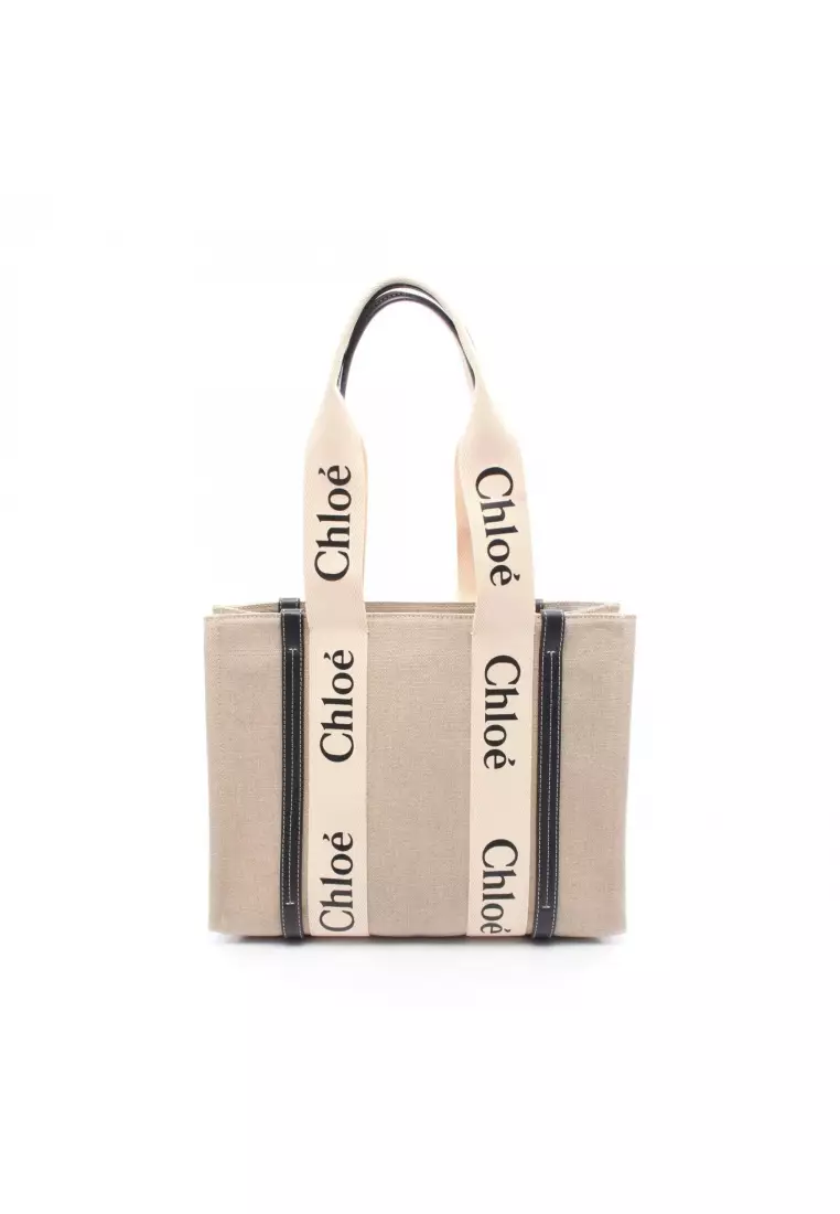 Pre-Loved Chloé WOODY Woody Medium Shoulder bag tote bag canvas leather beige black