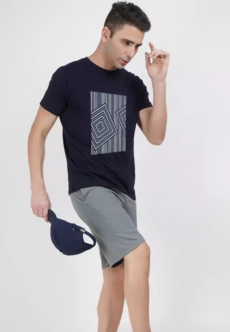 动态图案图形海军蓝色棉质短袖标准版型 T 恤