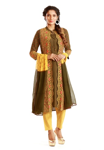 Le Reve yellow and multi Le Reve ¾ Sleeves Olive & Yellow Shrug Style Salwar Kameez with Shawl FA0B5AA8665C9BGS_1