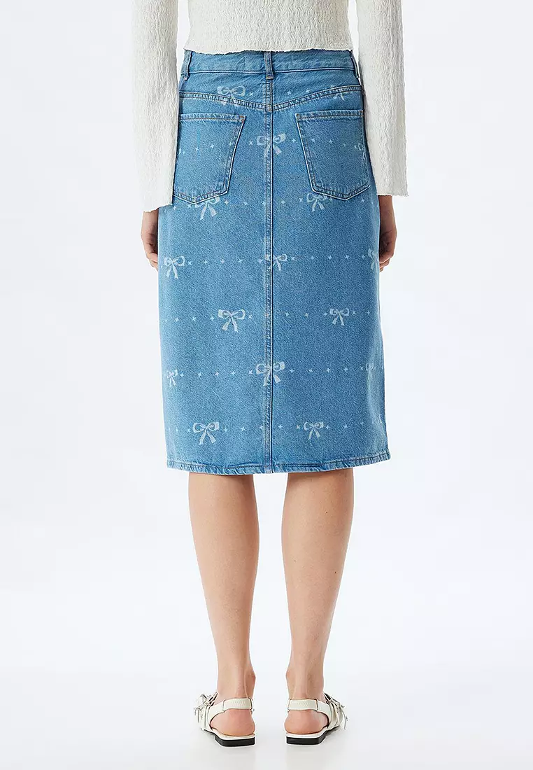 Midi Denim Skirt High Waist Slit Detail Bow Pattern Buttoned