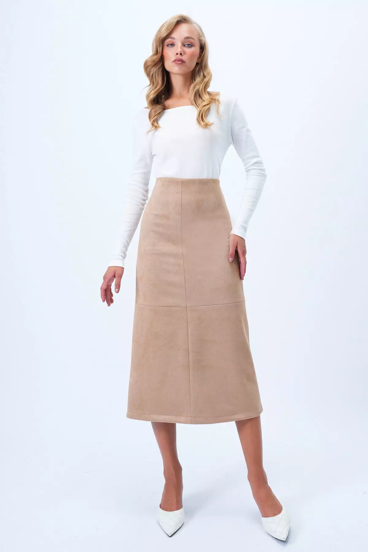 Women's Beige Hidden Zippered Stitch Detailed Faux Suede Maxi Skirt Alc-X14407