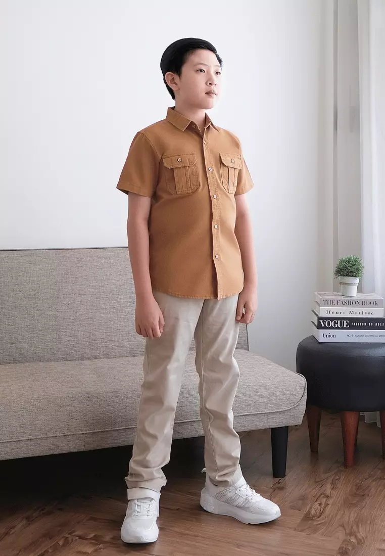 POLICE Kemeja Polos Cotton Kantong Dua Anak Laki Laki