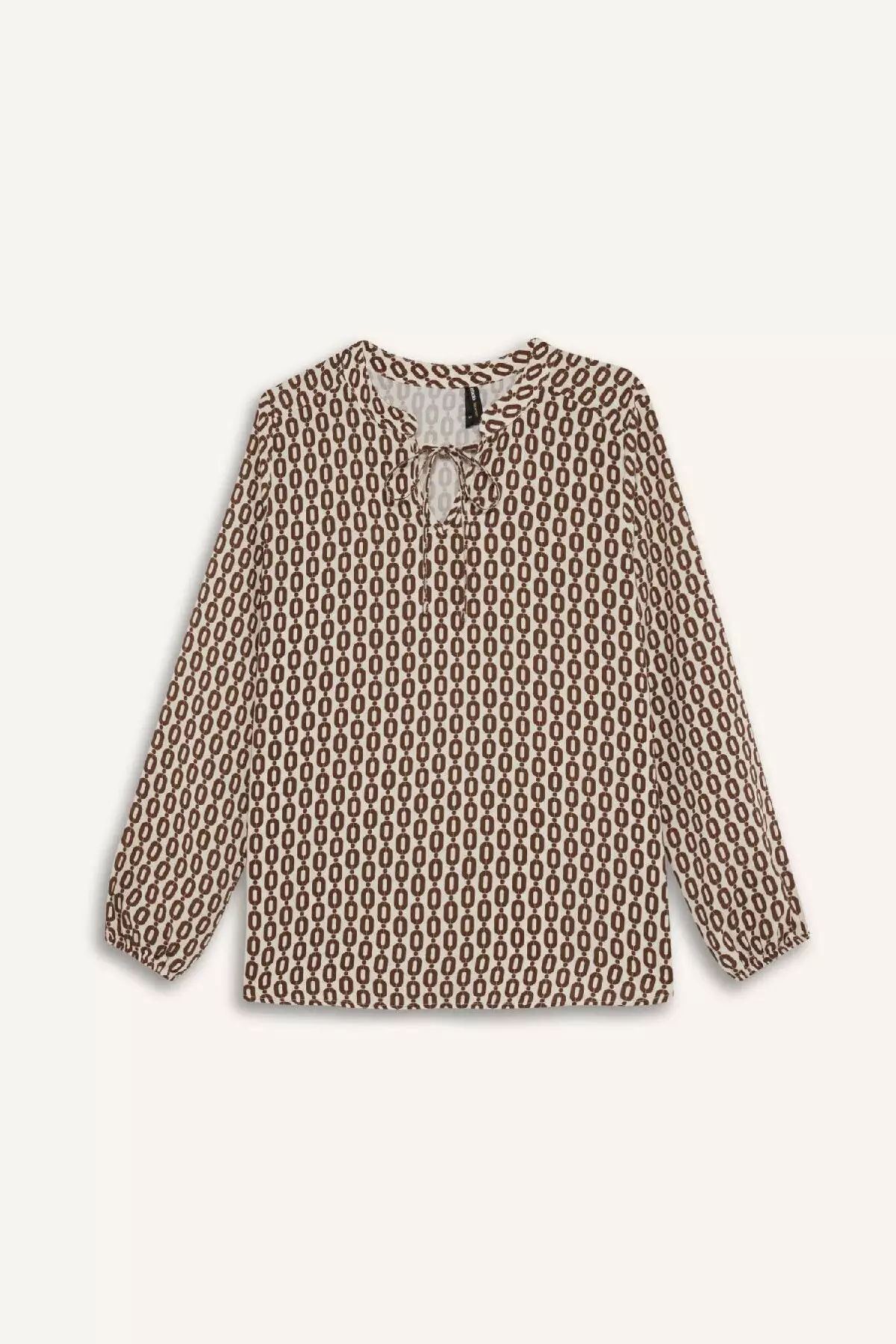 Regular Fit Lace-Up Collar Patterned Long Sleeve Blouse N1809Az25Sp