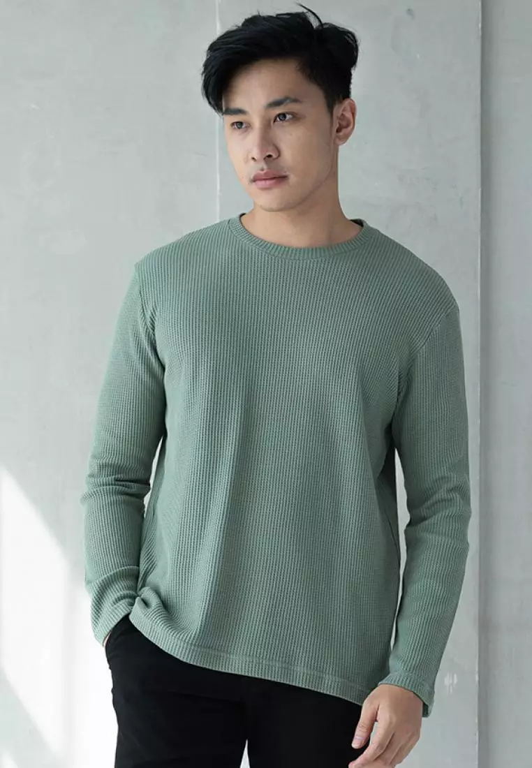 Kale Raffle Green Atasan Kaos Unisex Atasan Kaos Pria Atasan Hijau Kaos Kaos Polos Tekstur Lengan Panjang