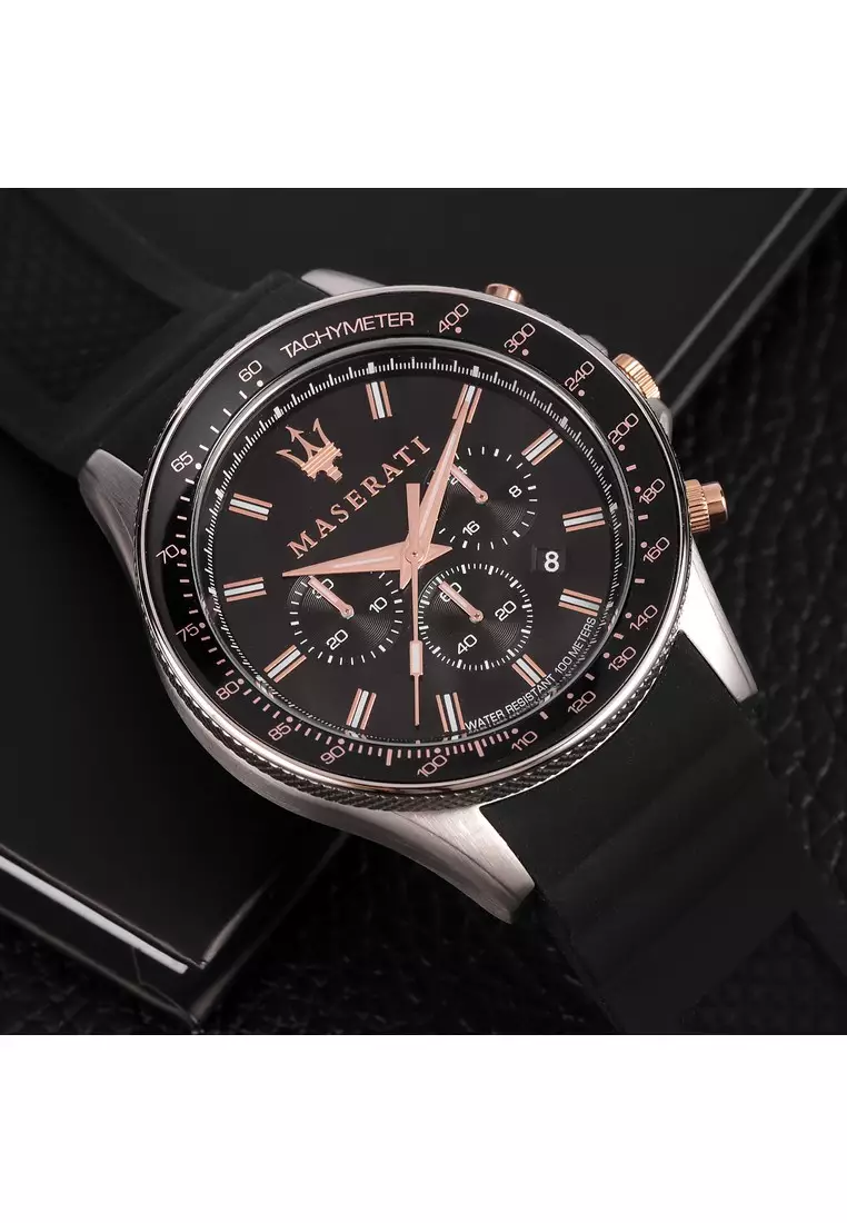 【2 Years Warranty】Maserati Sfida 44mm Black Silicon Chronograph Men's Quartz Watch R8871640002 With Luminous Dial Hands