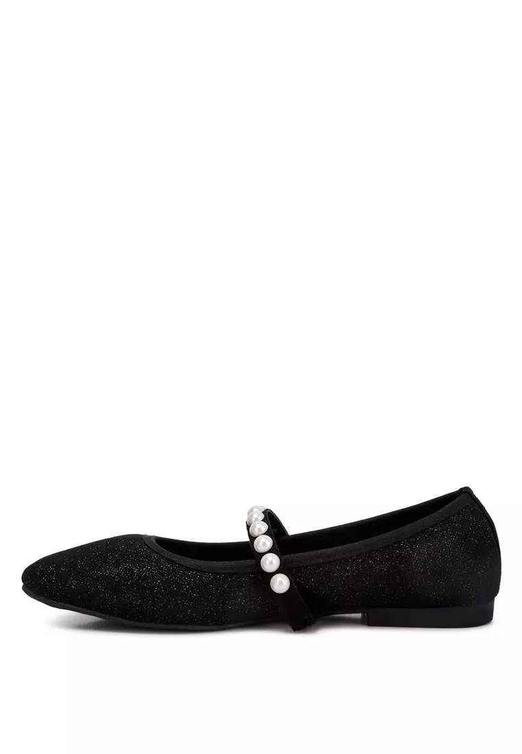Flat Balerina Berhias Mutiara Hitam