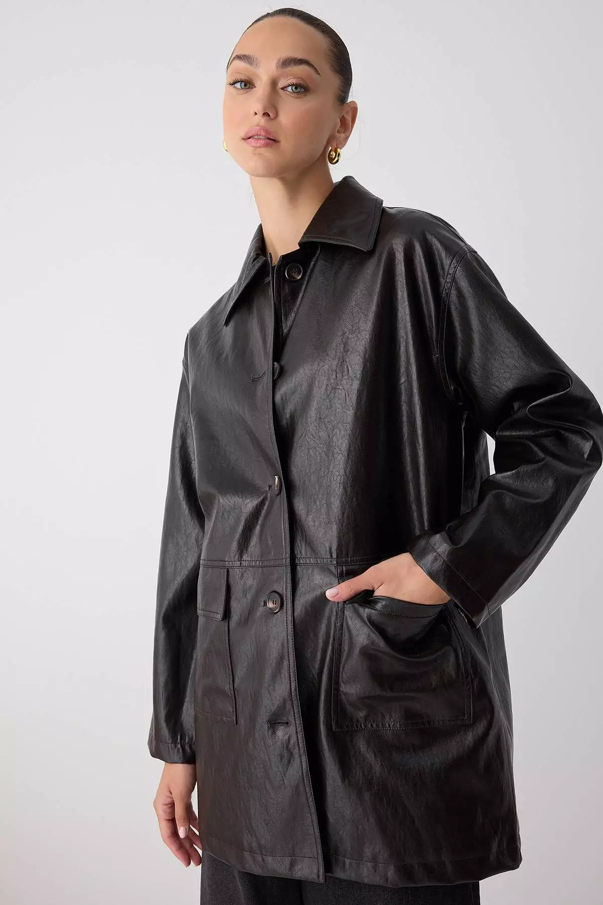 Faux Leather Oversize Midi Trench Coat