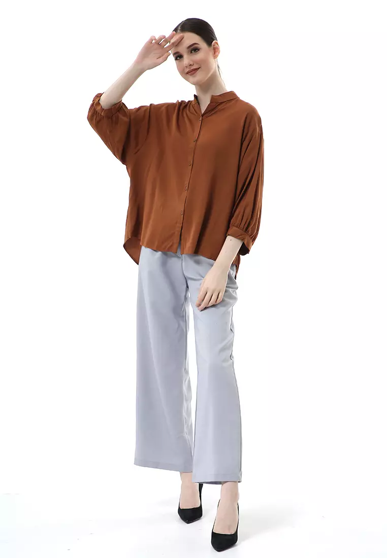 Ghita Kemeja Atasan Wanita Motif Polos Long Sleeve High Quality - Caramel