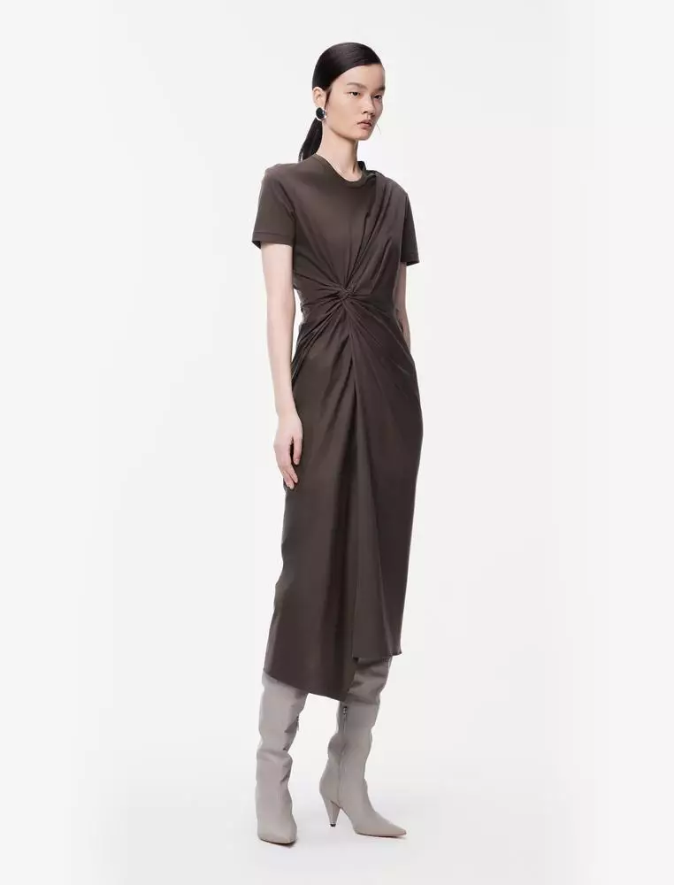 Pinch Pleat Long Short Sleeve Dress