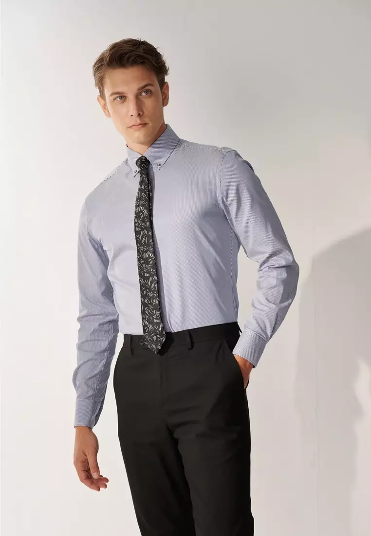 Milano Collection Navy Blue Striped Classic Fit Shirt