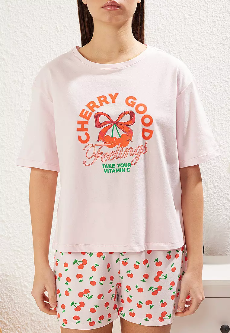 Pink Cherry Patterned Shorts Knitted Pajama Set