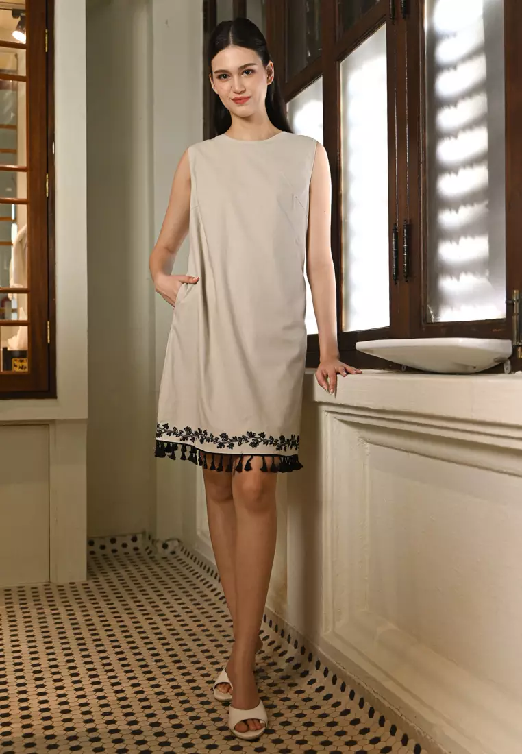 亚麻无袖迷你连衣裙