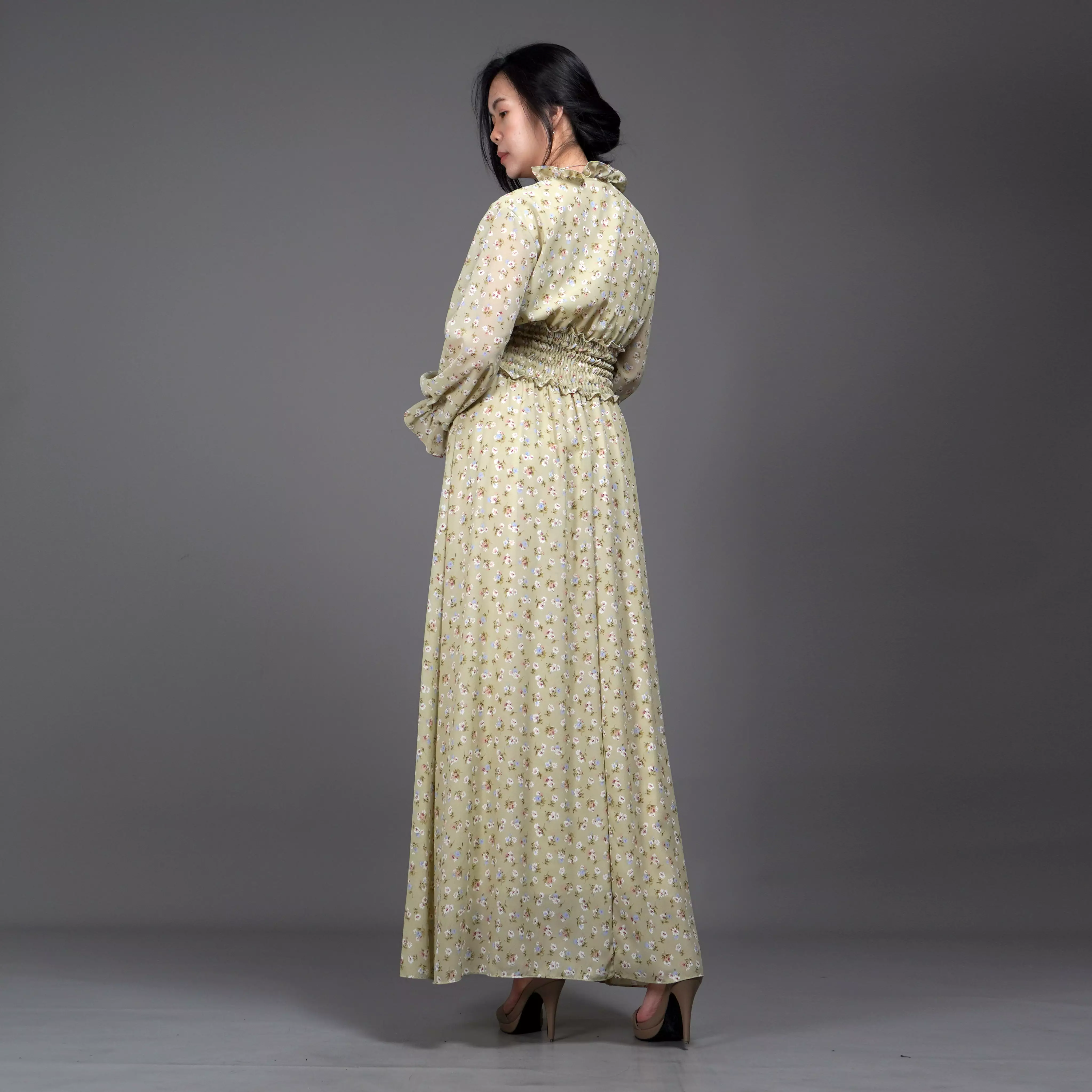  Dress SHALMA Long Dress Sifon Gaun Panjang Gaya Korea - Hijau