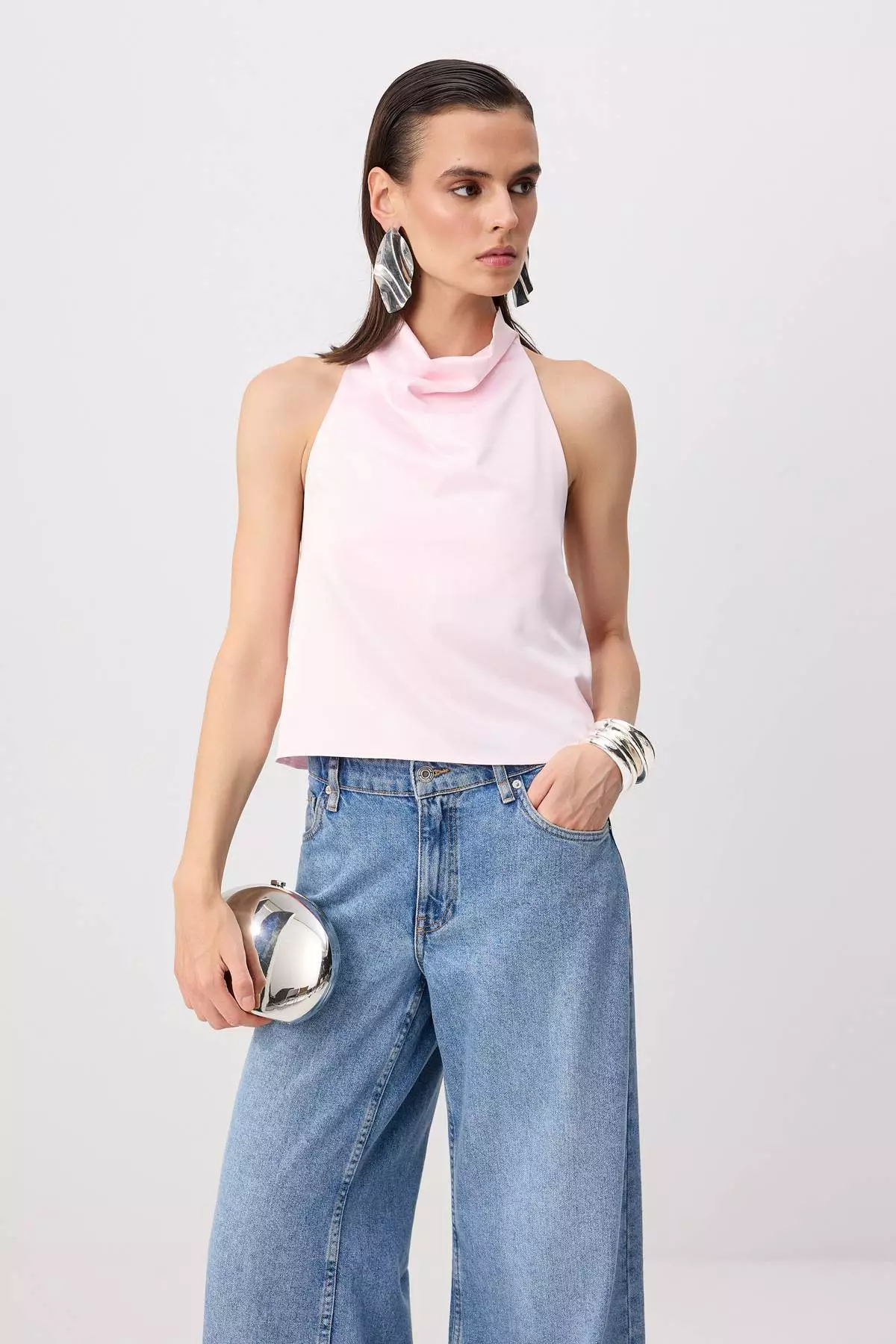 Light Pink Plain Halter Neck Sleeveless Satin Satin Party Blouse Tpraw26Bz00003