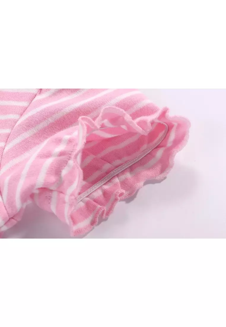 Baby Girl Romper Pink Stripes w Embroidered Little Mouse