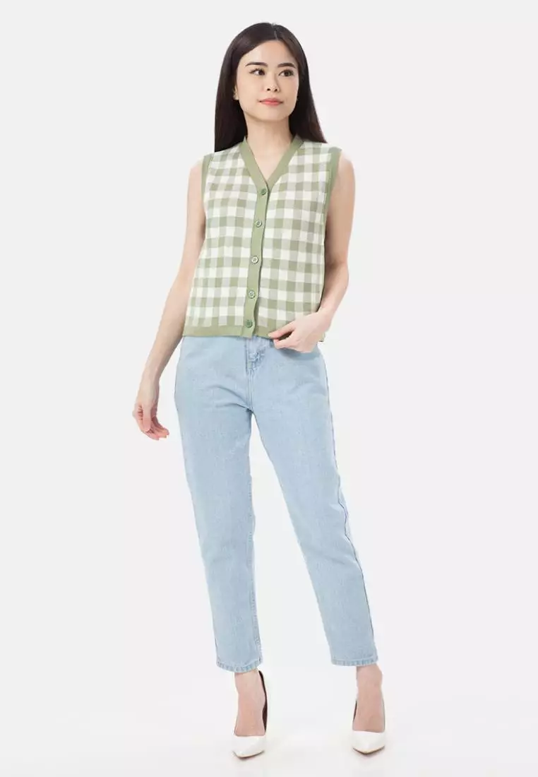 Button Knit Vest Checker in Green