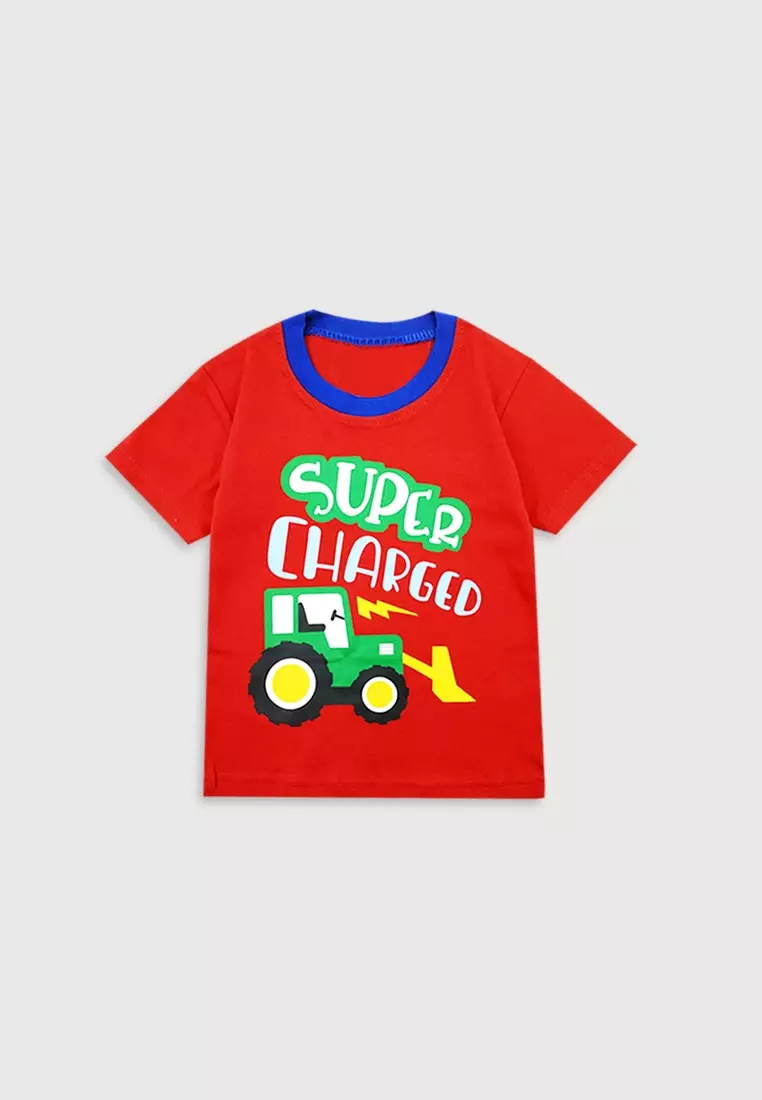Wakakids Baju Lengan Pendek Bayi Anak Laki Laki Setelan Celana Kaos Tractor 3377 Merah