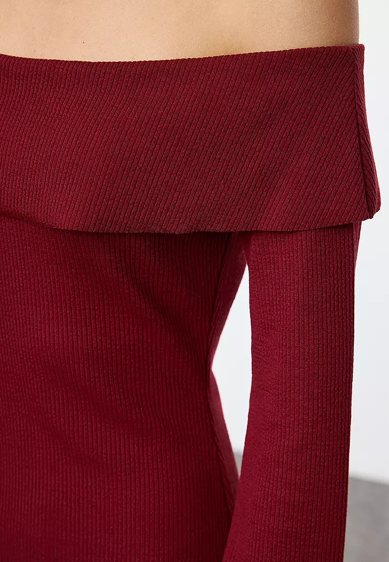 Claret Red Fitted Carmen Neck Soft Textured Midi Stretchy Knitted Pencil Dress