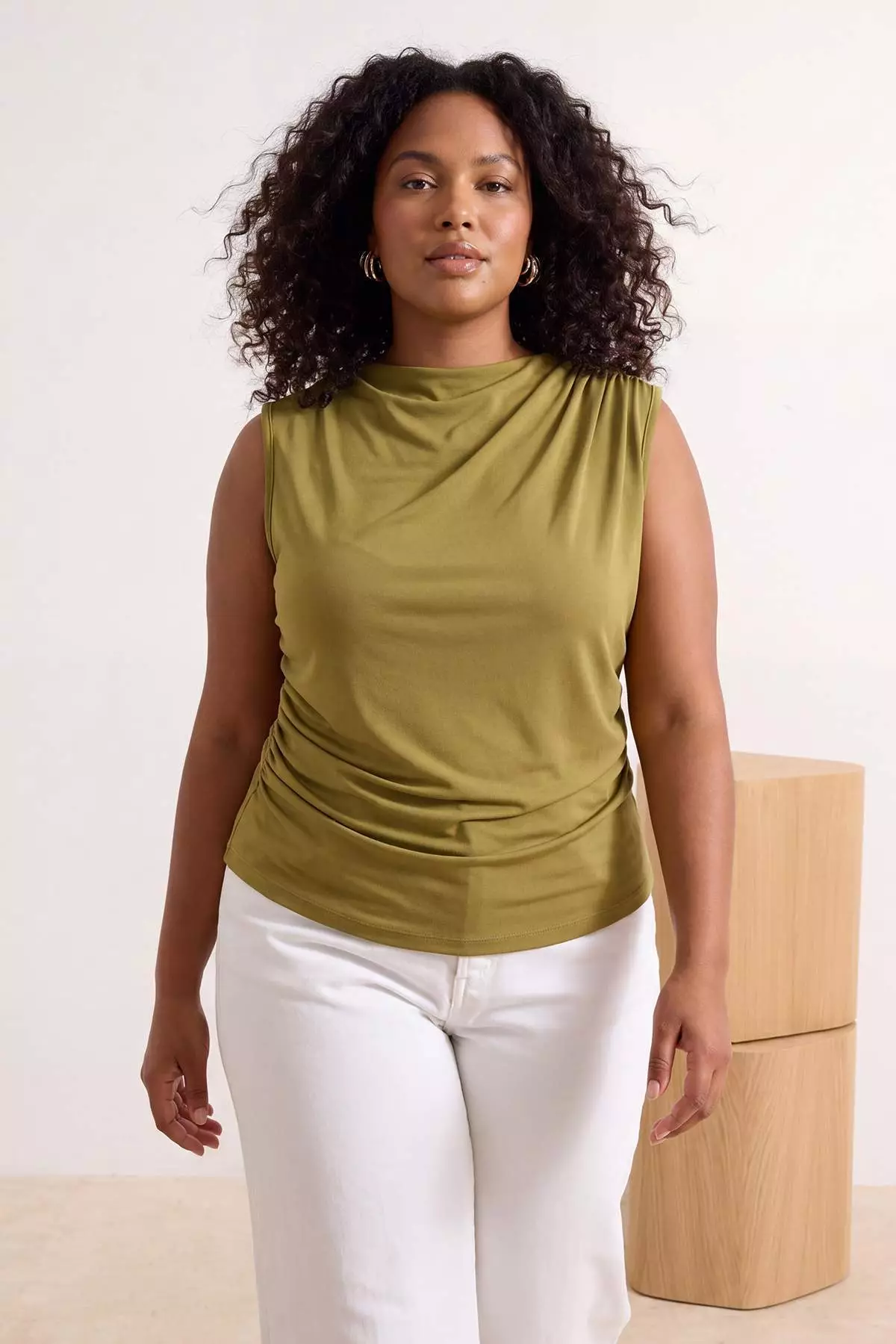 Green Mock Neck Ruched Detail Sleeveless Knitted Large Size Blouse Tbbss26Af00065