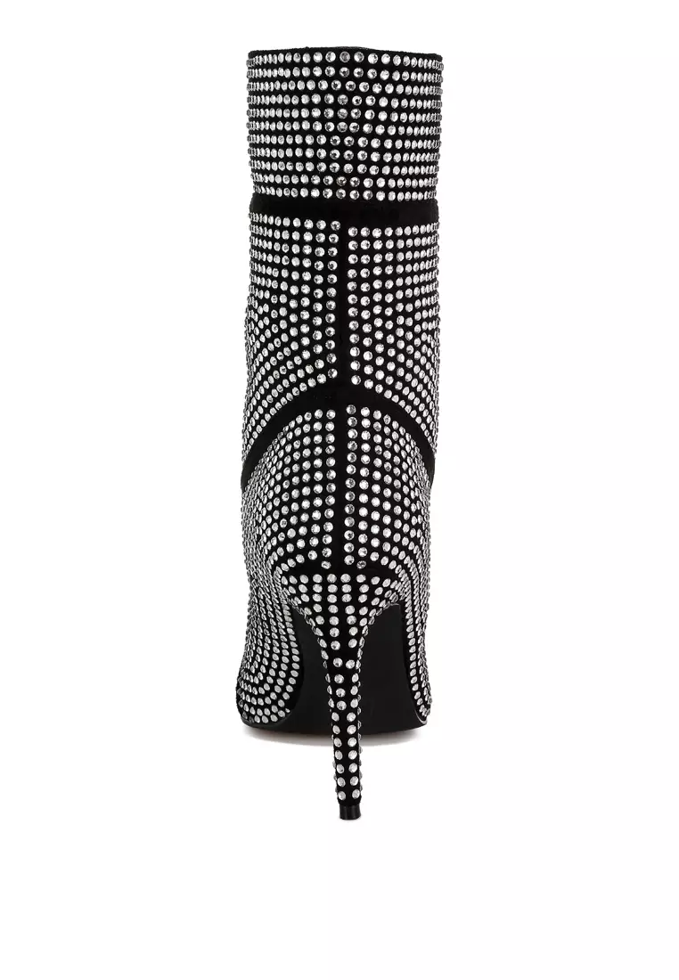 Rhinestones Embellished Calf Boots in Black