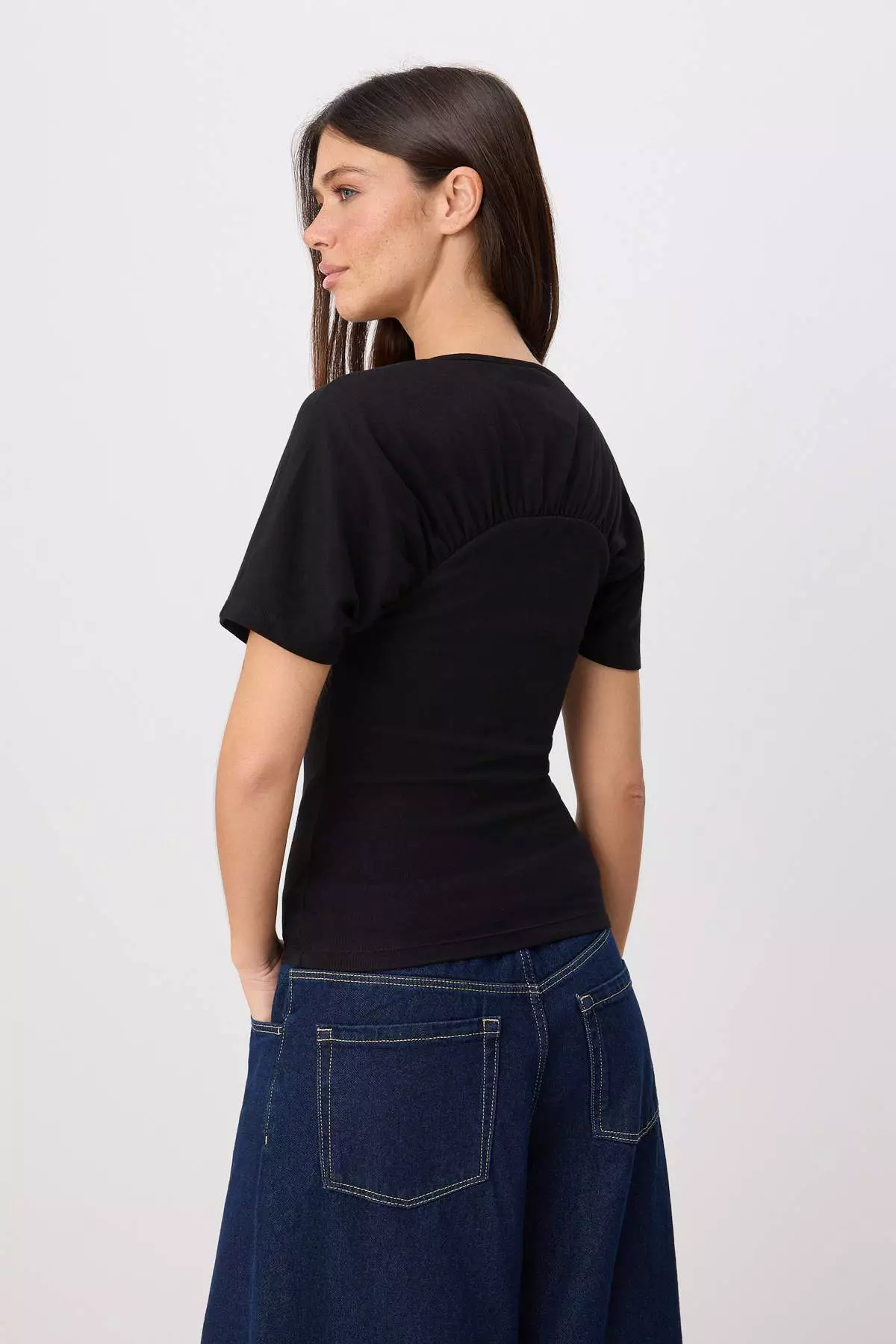 Black Fitted/Bodycon Boat Neck Short Sleeve 100% Cotton Knitted T-Shirt Twoss26Ts00264
