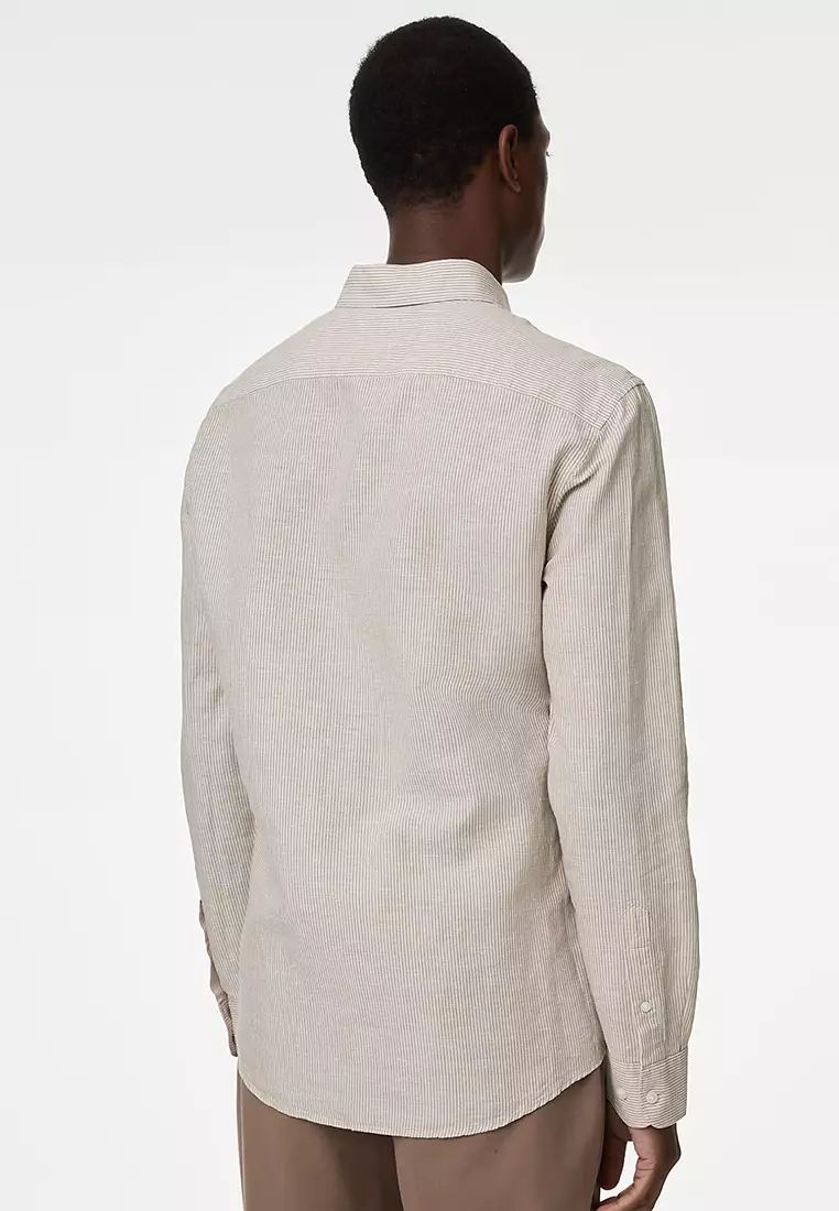 Cotton Linen Blend Fine Stripe Shirt