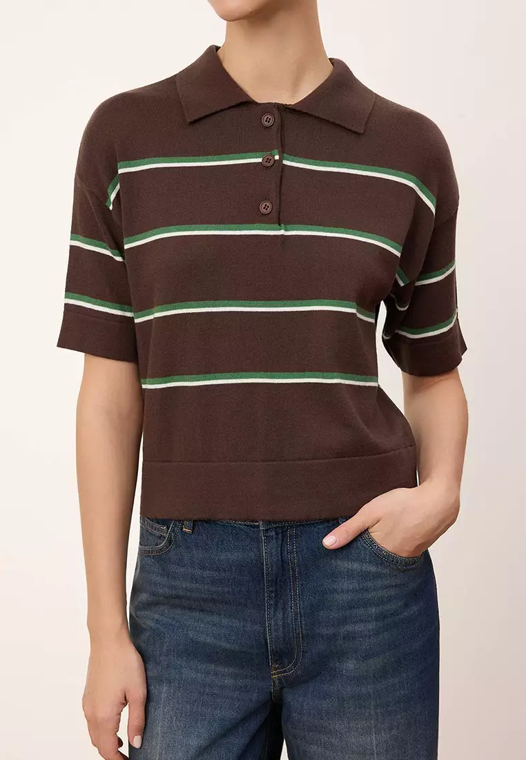 Brown Wardrobe Essentials Summer Yarn Ç Striped Polo Collar Knitwear Blouse Twoss26Bz127
