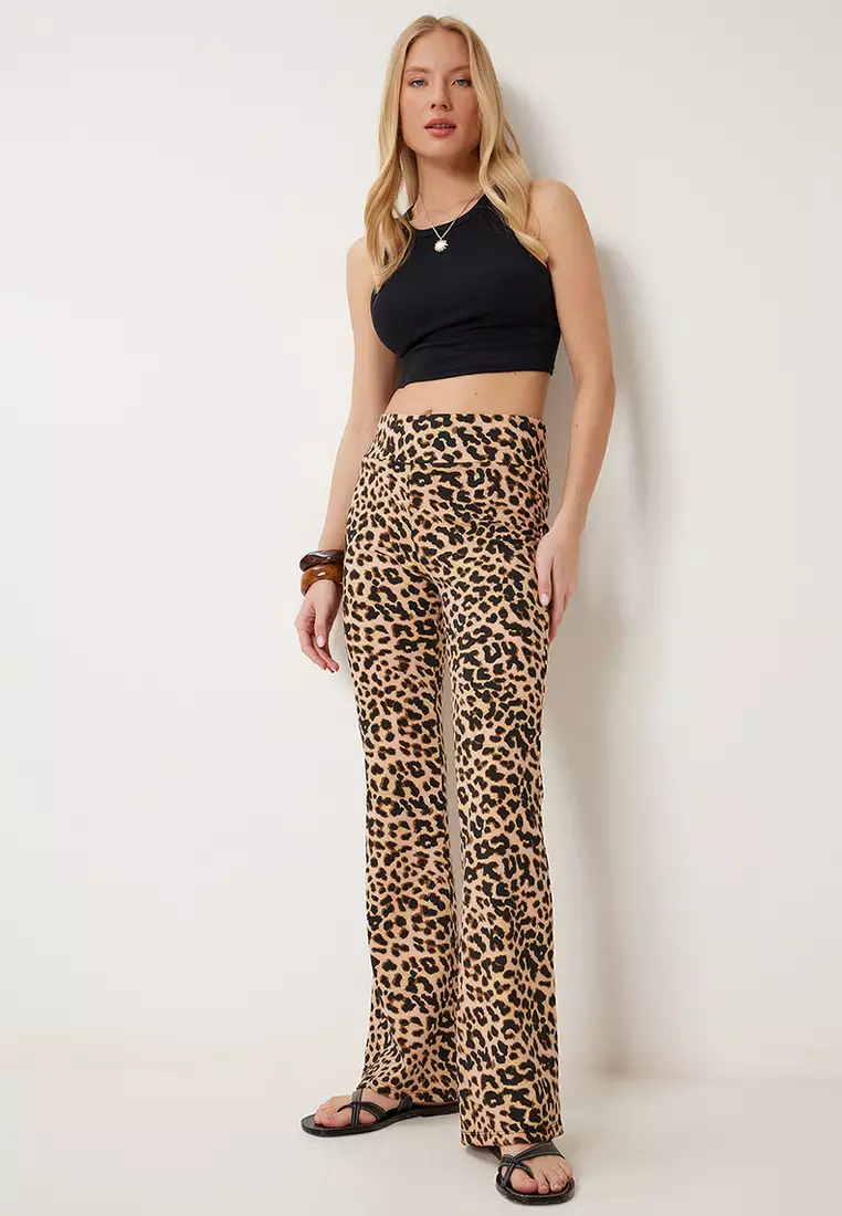 Women Black Cream Patterned Flare Leg High Waist Stretchy Knitted Pants Cr00491