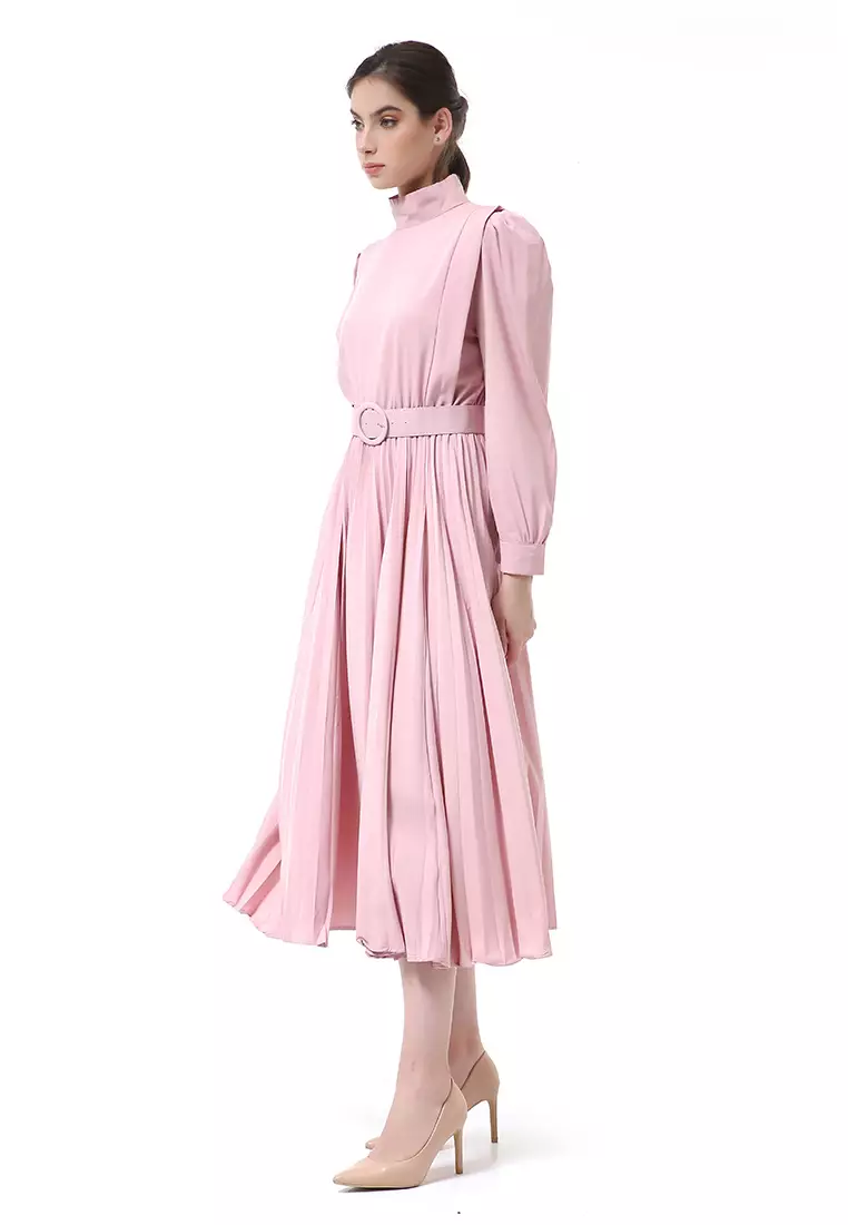 Rachel Long Dress Wanita Turtleneck Lengan Panjang Material Twiscone ORIGINAL - Pink