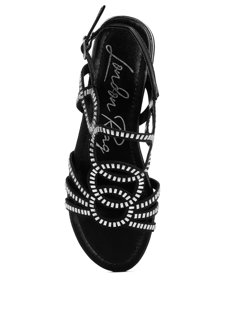 Sandal Datar Berlian Imitasi Detail Potongan Warna Hitam