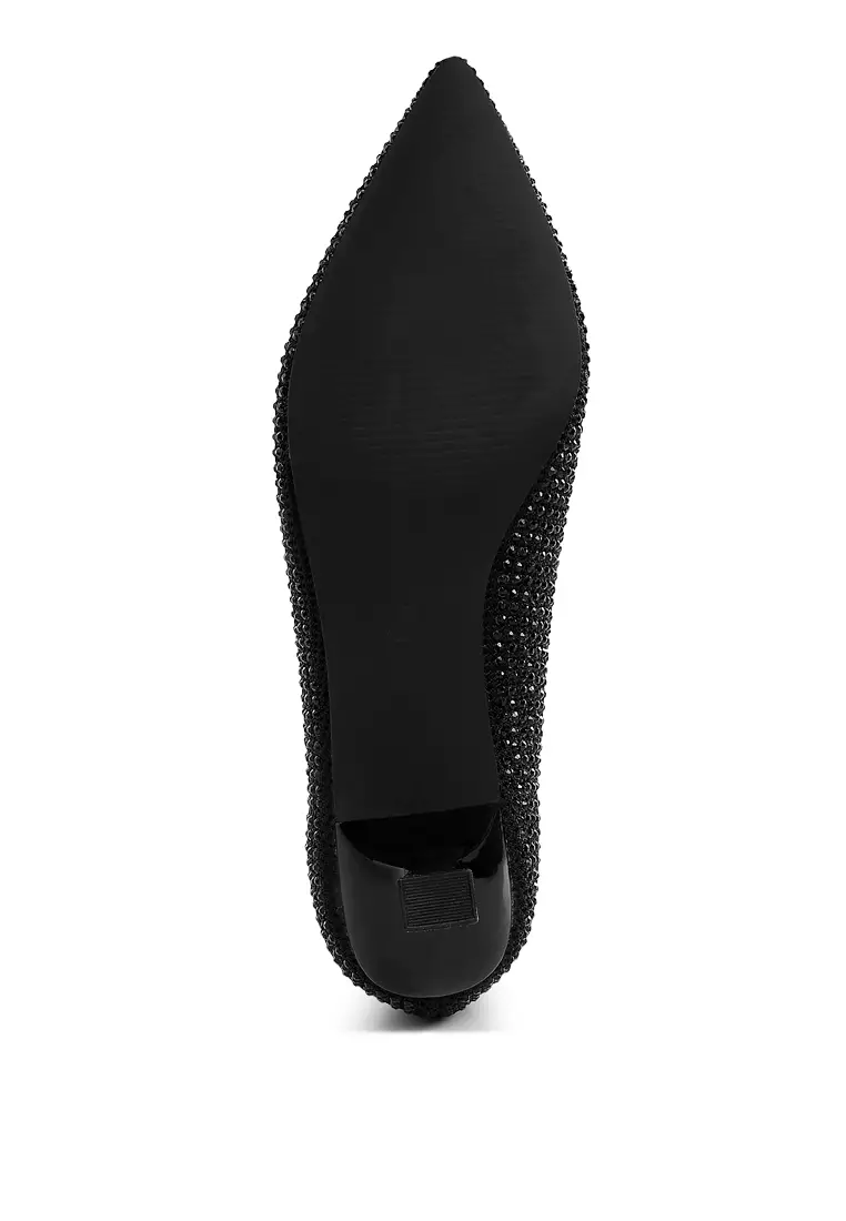 Sepatu Pumps Flyknit Rhinestone Bernapas dalam Warna Hitam