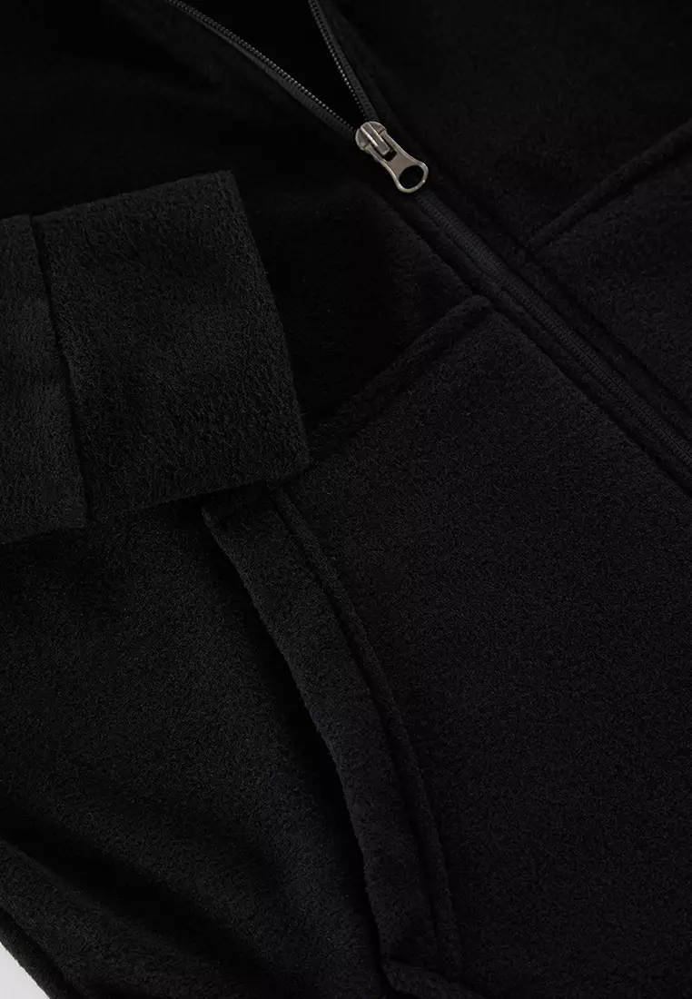 Black Regular/Normal Cut Basic Zippered Warm Polar Fleece Cardigan/Sweatshirt TMNAW25SW00183