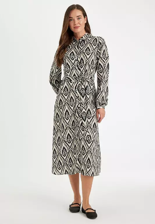 Printed Waist-Tie Midi Dress