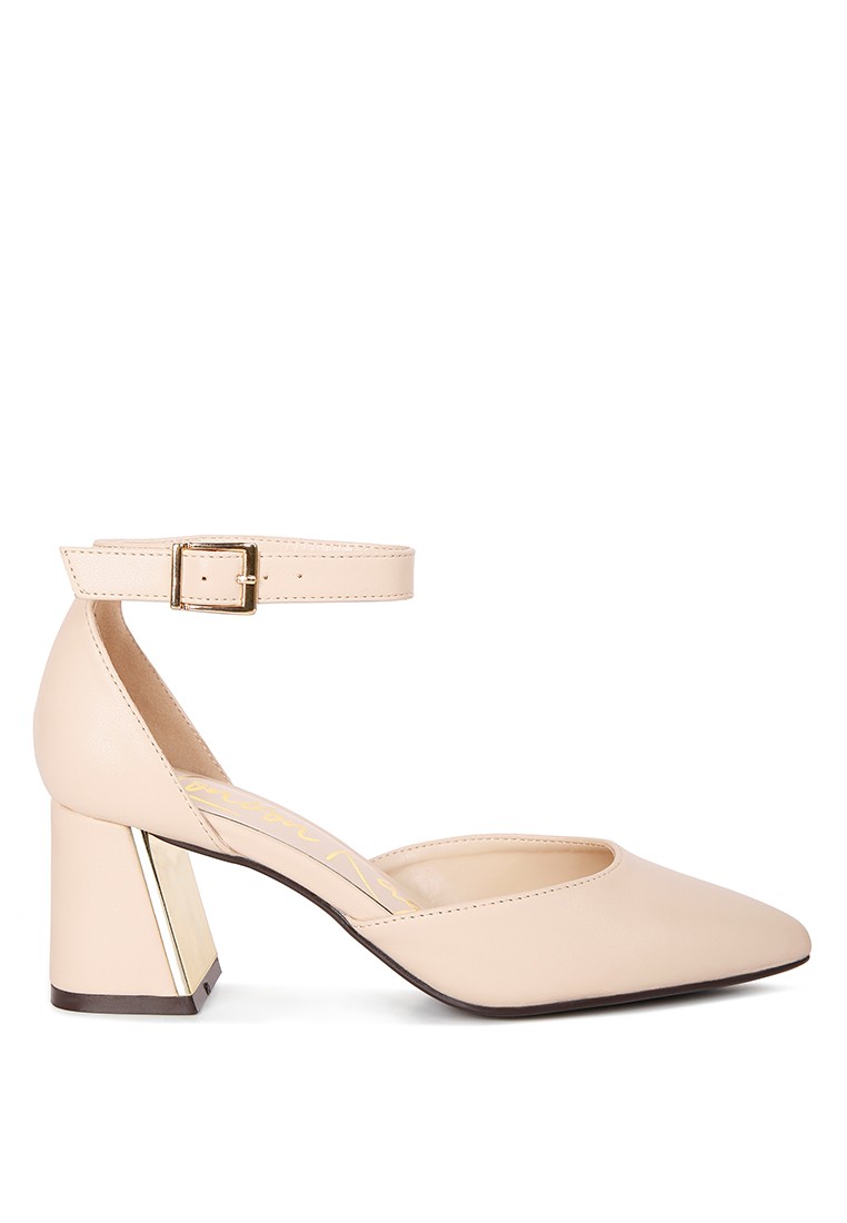 Beige Faux Leather Metallic Accent Heeled Sandals