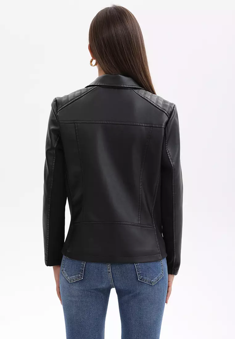 Patchwork Knit Faux Leather Biker Jacket AD-M25PJ49