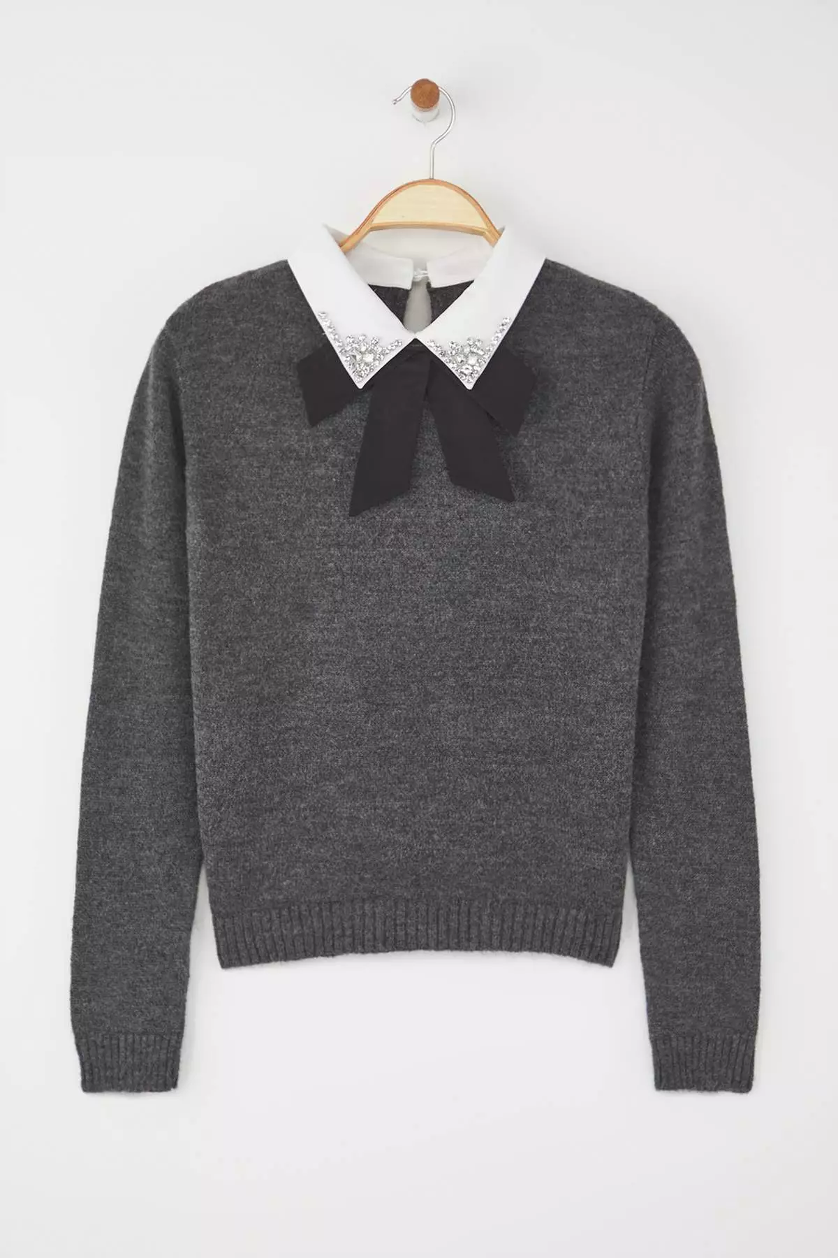 Anthracite Soft Textured Shirt Garnish Ribbon/Bow Detail Stone Knitwear Sweater