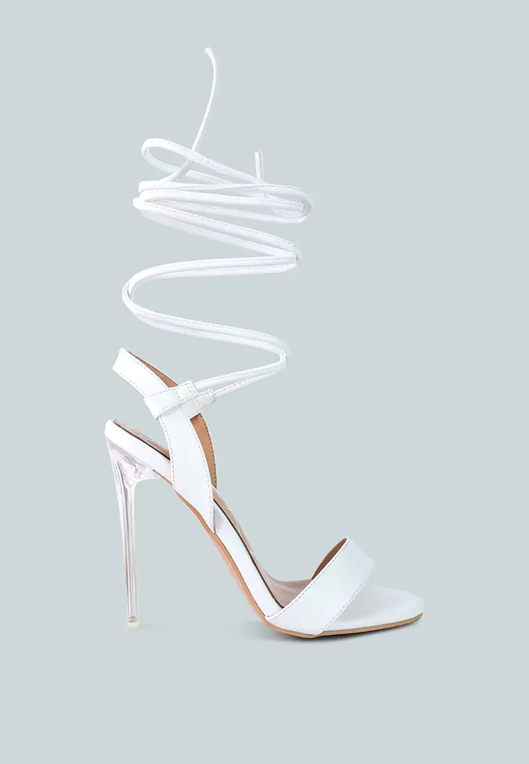 White clear top lace up heels
