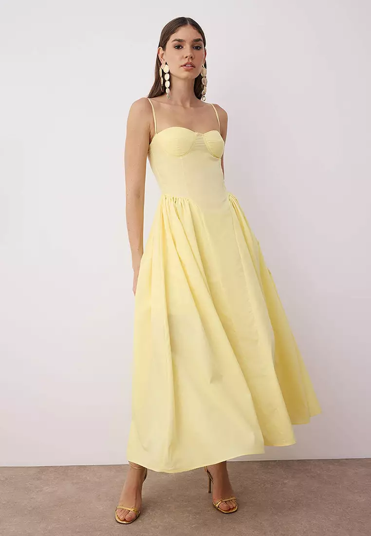 blue dress for baby girl Yellow Sleeveless Faille A-Line Midi Dress With Belt main image 0
