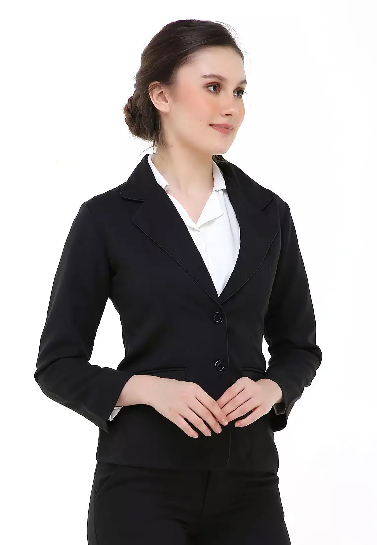 Nicrely Setelan Blazer Celana Wanita One Set Longsleeve Suit Long Pant Material Semi Stretch ORIGINAL - Black