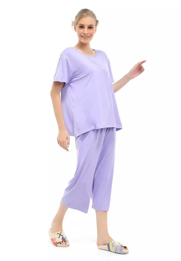 Vance Setelan Piyama Baju Tidur Wanita Celana Pendek 7/8 Material Spandex ORIGINAL - Lilac