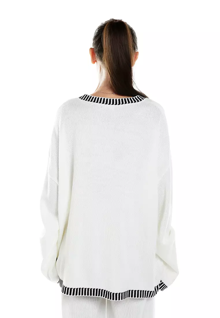 Contrast Stitch Detail Knit Sweater Jumper in Cream