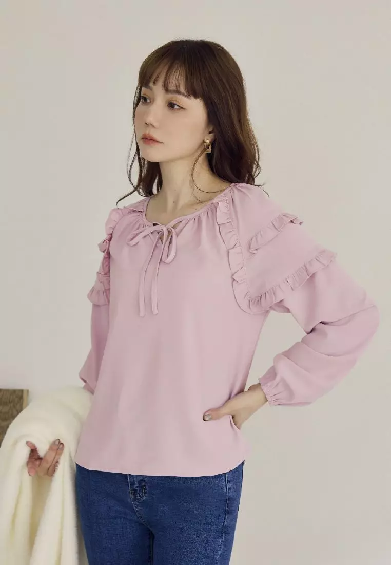 Sweet Bow Tie Ruffle Trim Long Puff Sleeve Top [AB17751]