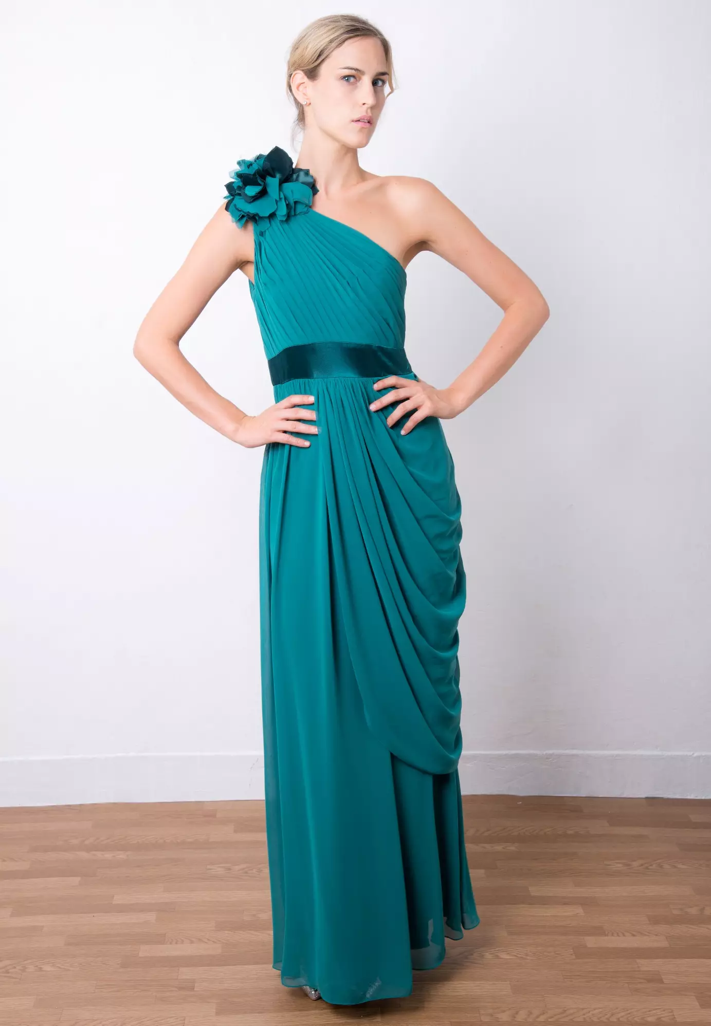 Draped Chiffon One-Shoulder Gown