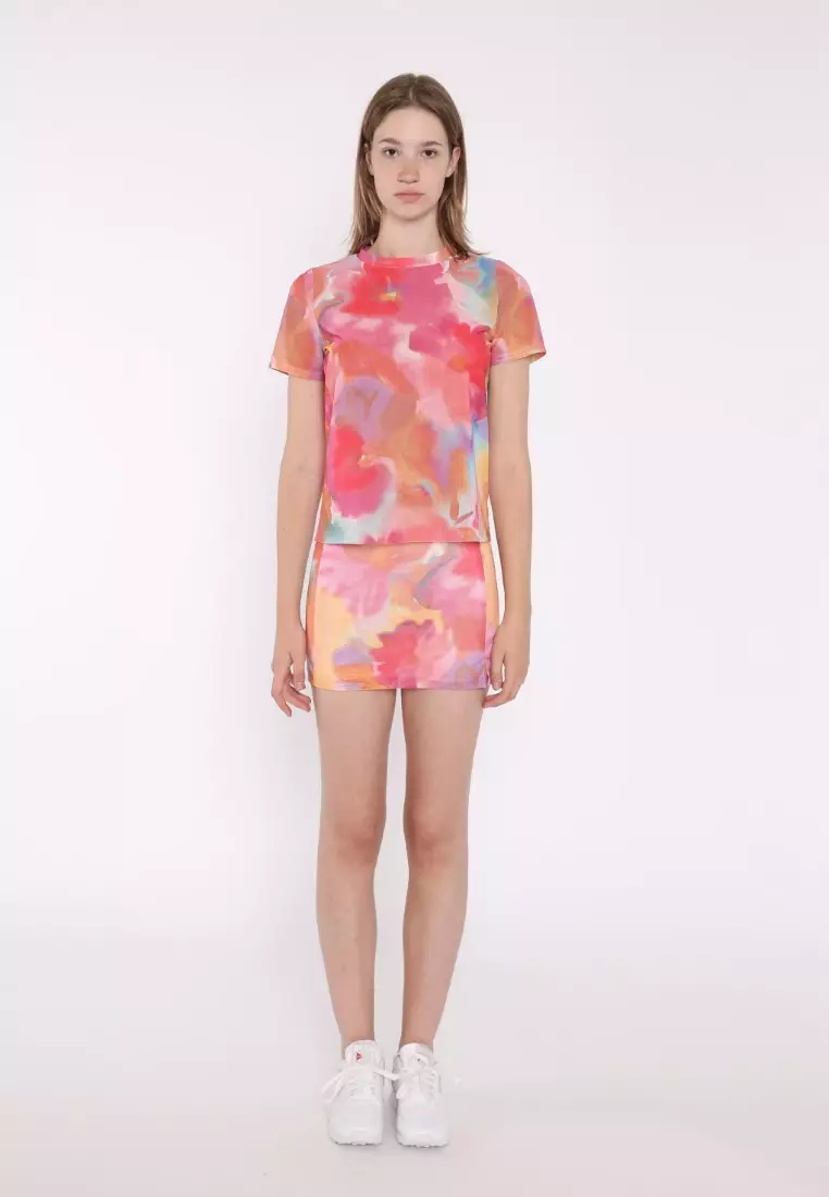 Multi Watercolour Flower Split Mini-Skirt