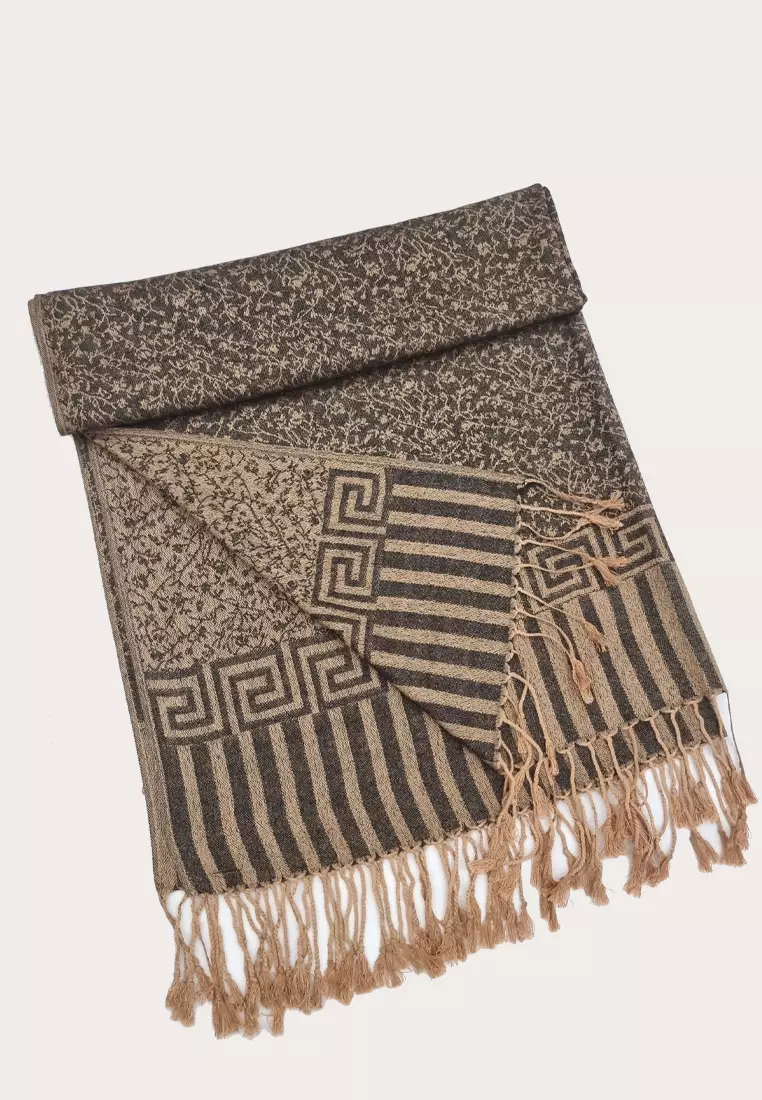 Reversible Viscose Floral Pattern Pashmina Shawl Syal Wanita Bronze